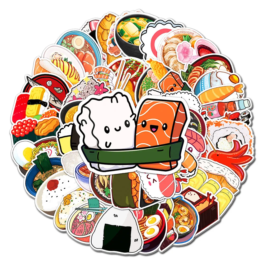 10/30/50PCS Japanese Cuisine Stickers Cartoon Sushi Onigiri Ramen Graffiit Decals DIY Noteobok Stationary Fridge Phone Toy Gift