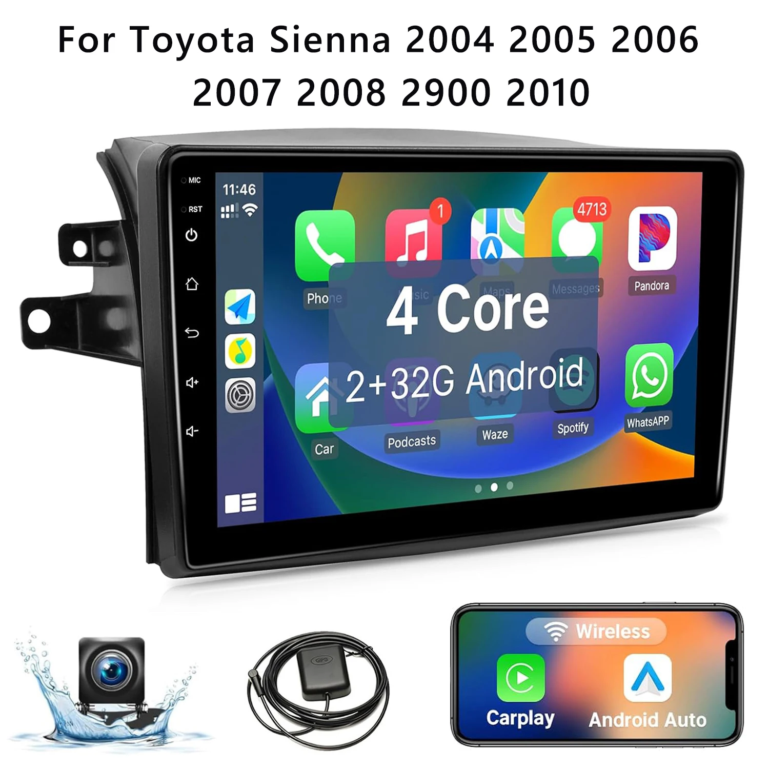 Wireless 9 Inch Car Stereo for Toyota Sienna 2004-2010 CarPlay Android Auto IPS Touchscreen Car Radio with Reverse Camera GPS FM