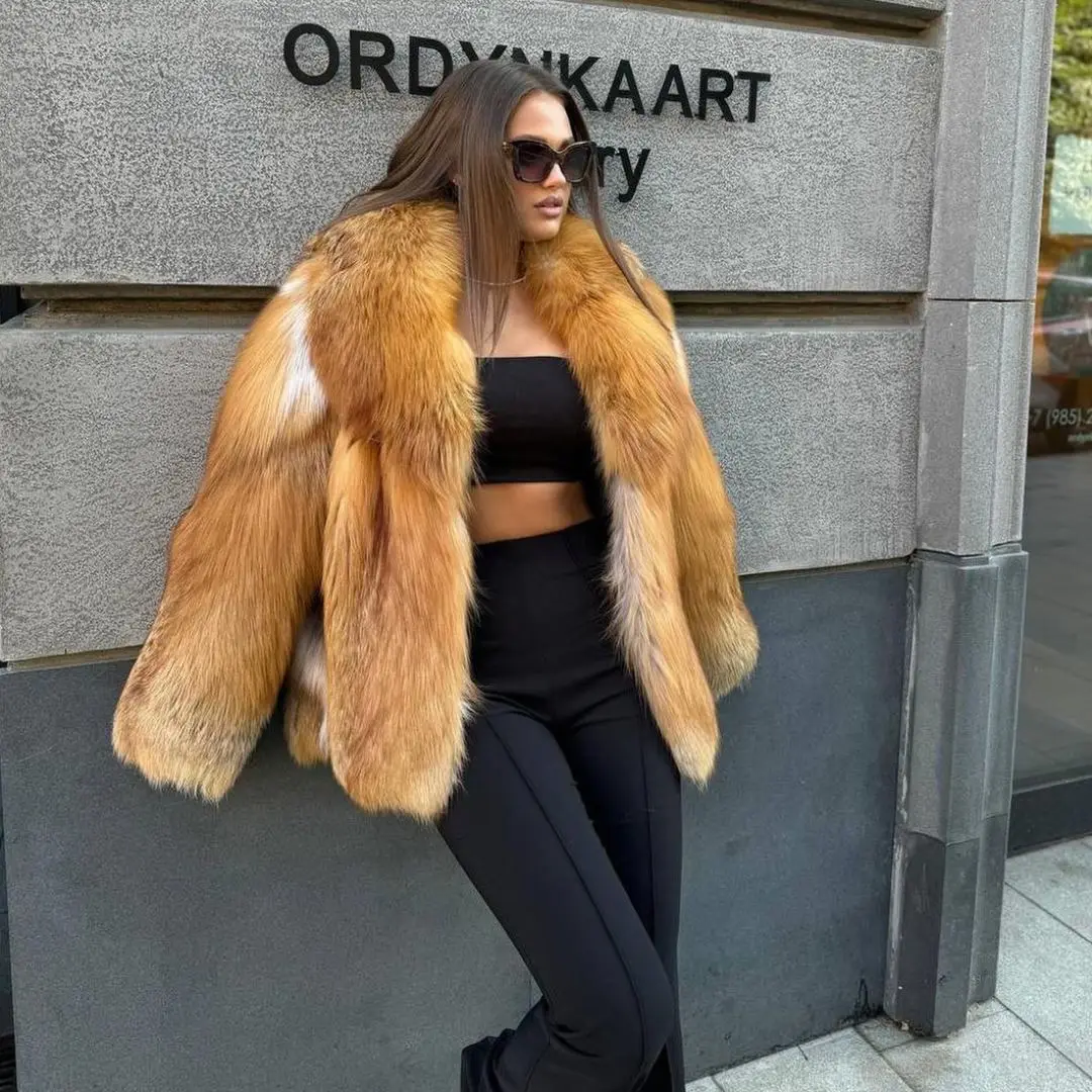 Mid-length Real Red Fox Fur Coat with Lapel Collar Winter Fashion Full Pelt Genuine Red Fox Fur Jacket Luxury Woman Overcoats