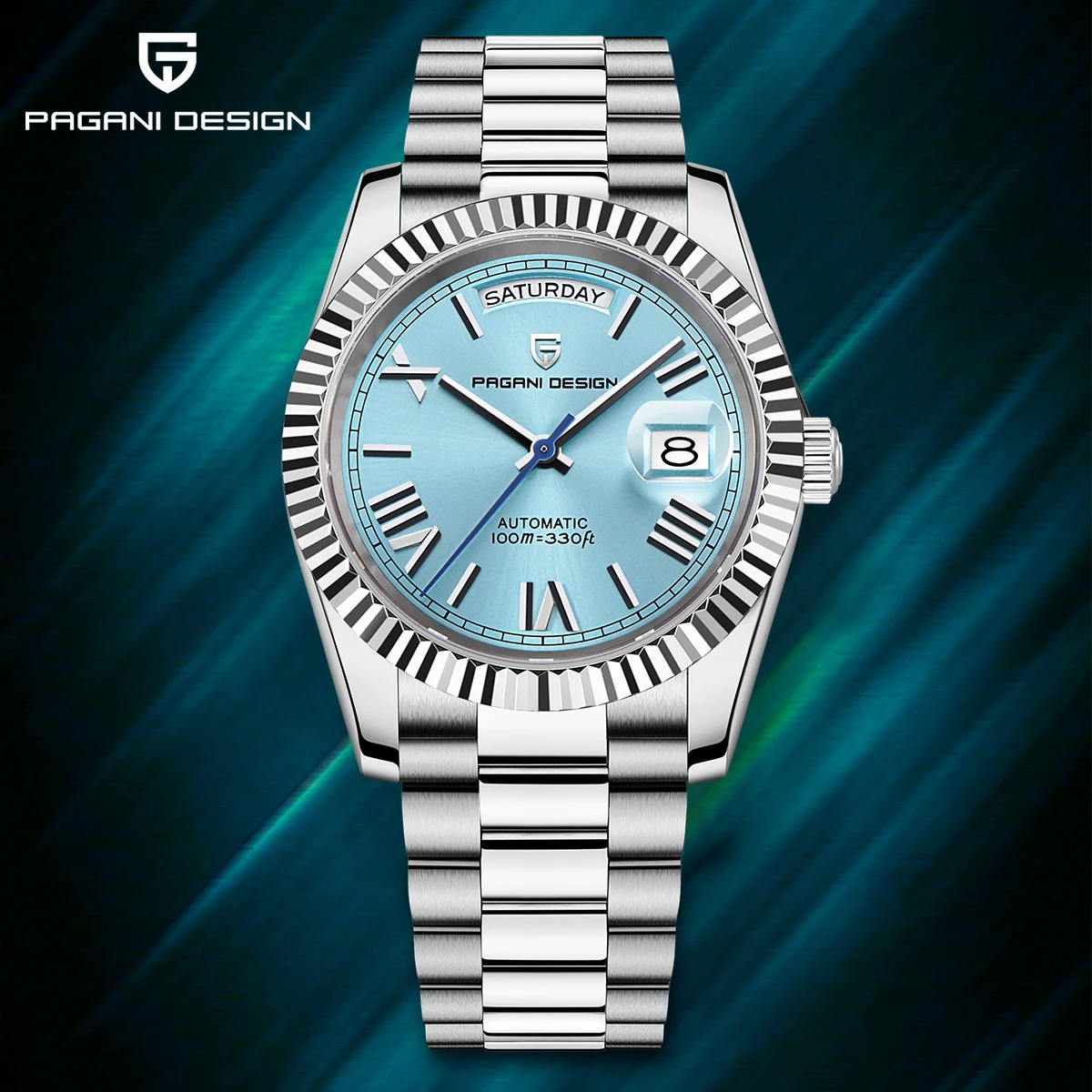 Blue DESIGN Ice Blue Luxus-Automatikuhr für Herren, mechanische Edelstahl-Armbanduhr, wasserdicht, Saphirglas AR, lokale Lieferung