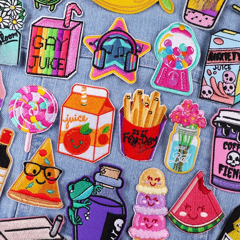 Patch de dessin animé mignon, Chips/fruits/bonbons, Patch brodé à repasser pour vêtements, patchs thermoadhésifs sur vêtements, veste, bricolage