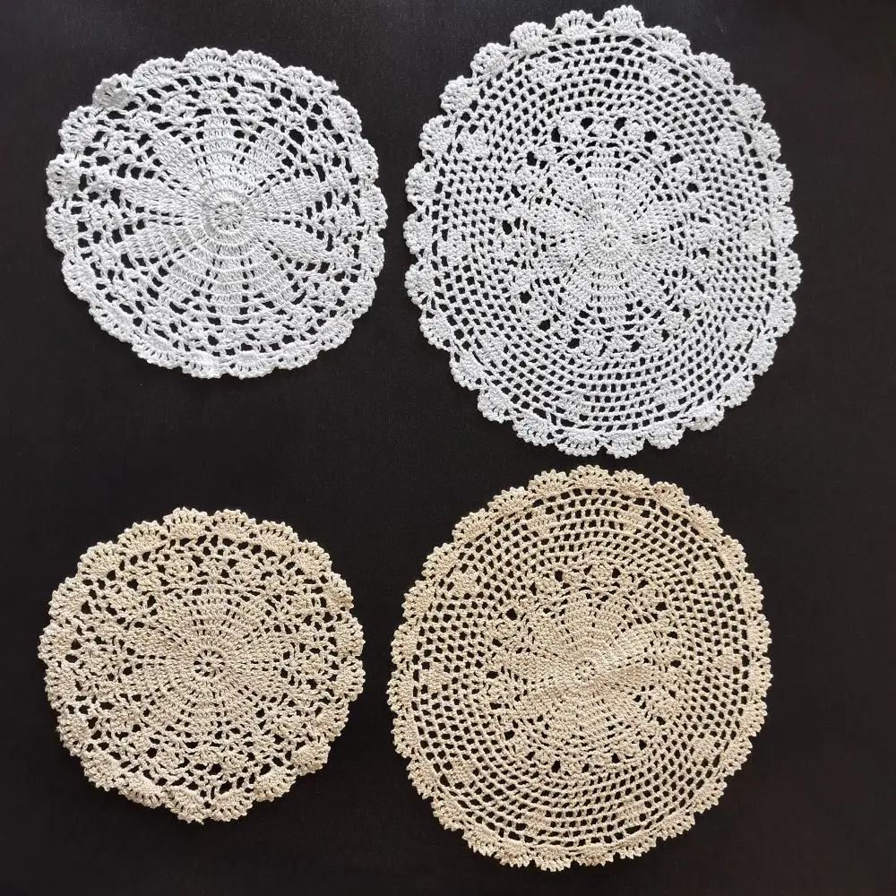 

4 Pieces White Beige Doilies Set Handmade Crochet Cotton Placemats Home Kitchen Round Table Place Mats Crafts Decorative Napkins
