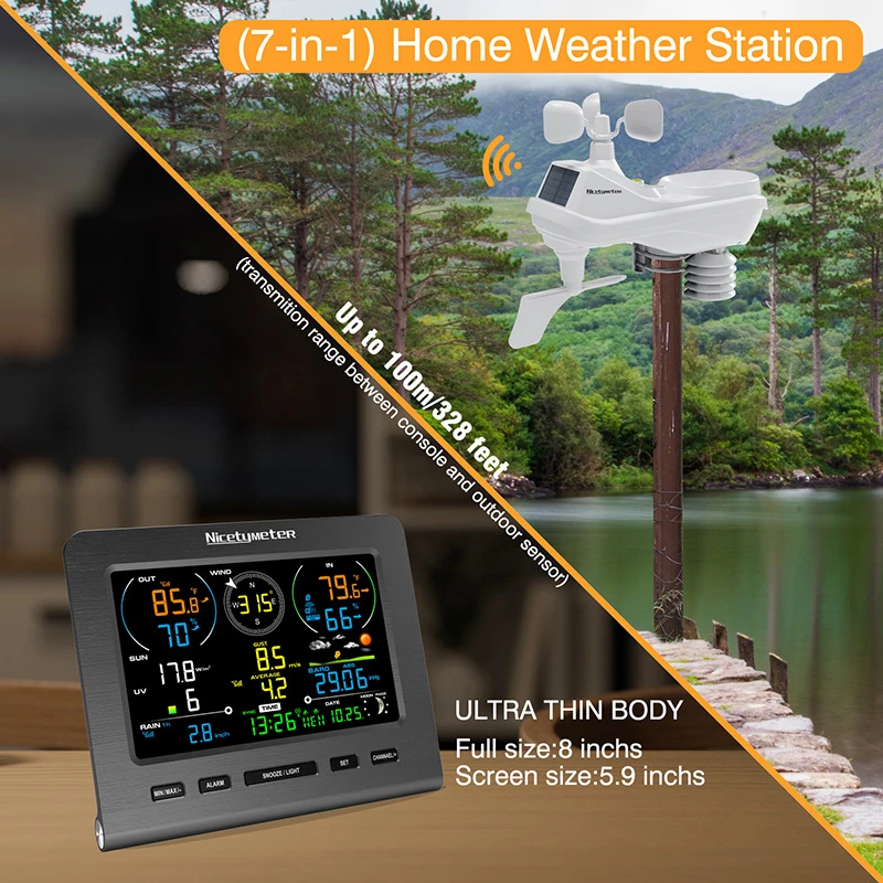 Weather Station 7-in-1 Indoor Outdoor removal Monitoring Wi-Fi Connection Weather Temperature Humidity flow Speed drain.