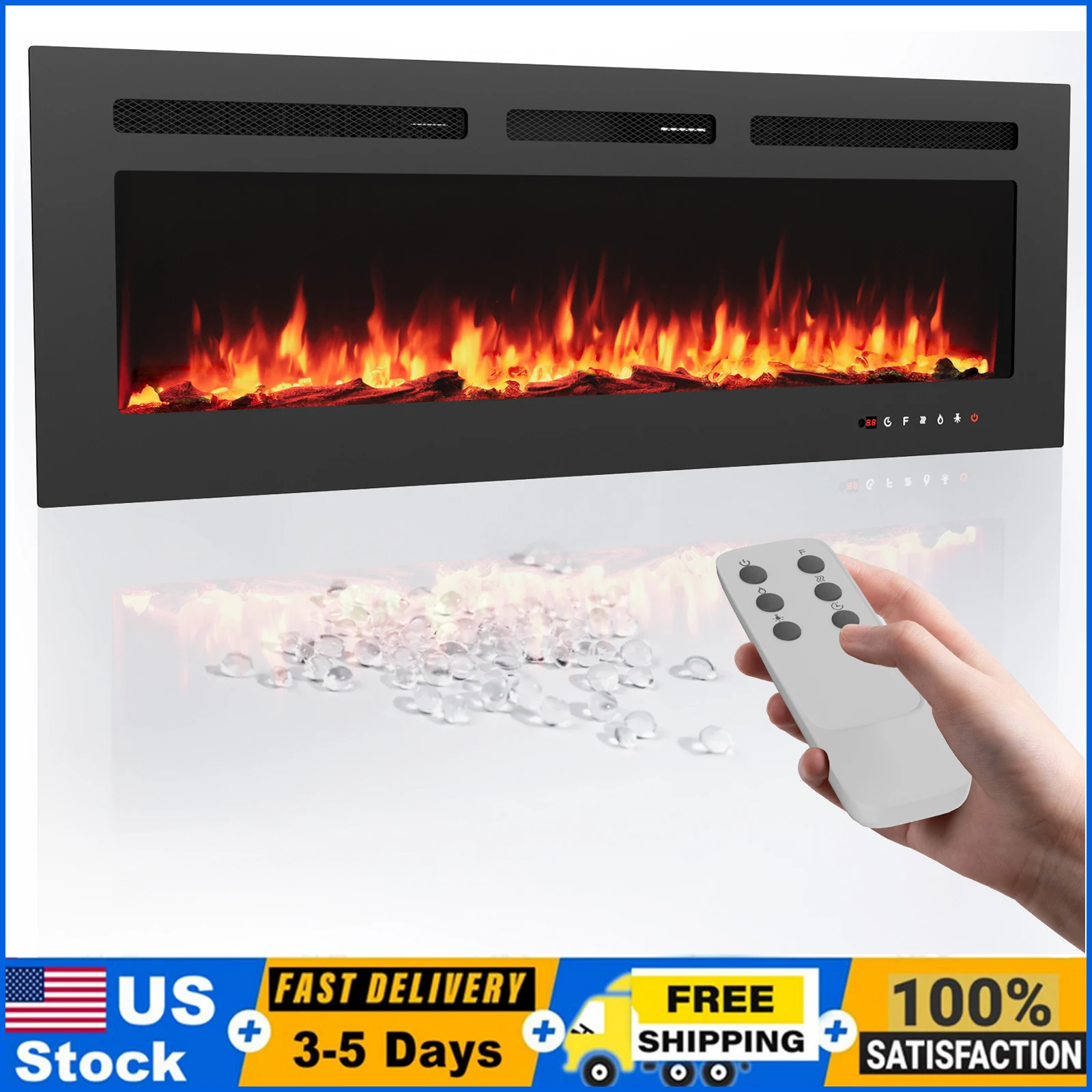 

50 Inch Electric Fireplace Heater, Wall Mount or in-Wall Recessed, 8 Hour Timer, Color Changing Flames, 750W/1500W Indoor Heater