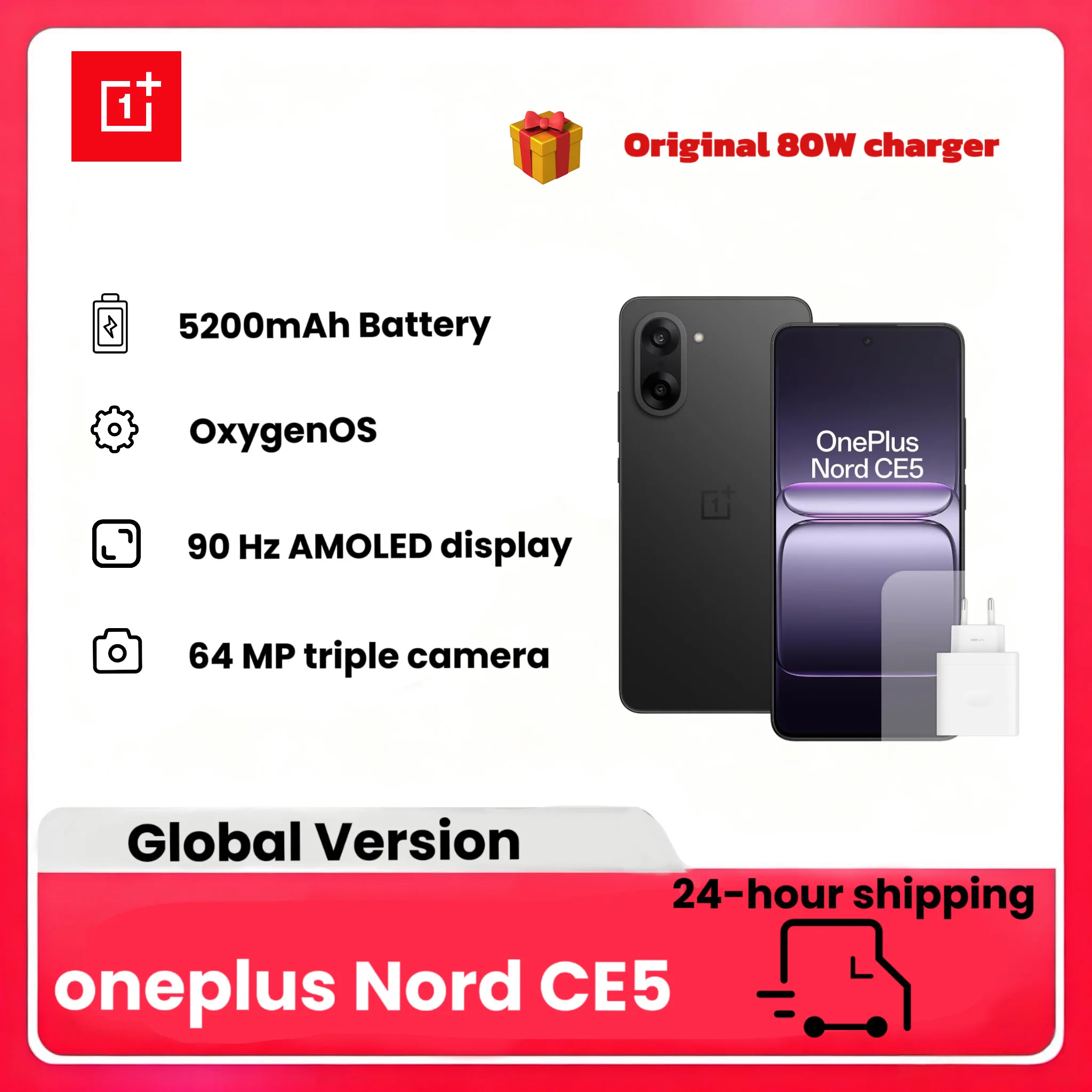 OnePlus Nord CE5 Smartphone 8GB RAM 128/256GB Storage, 6.77" 120Hz AMOLED, 50MP OIS, 5200mAh Battery, with 80W Charger