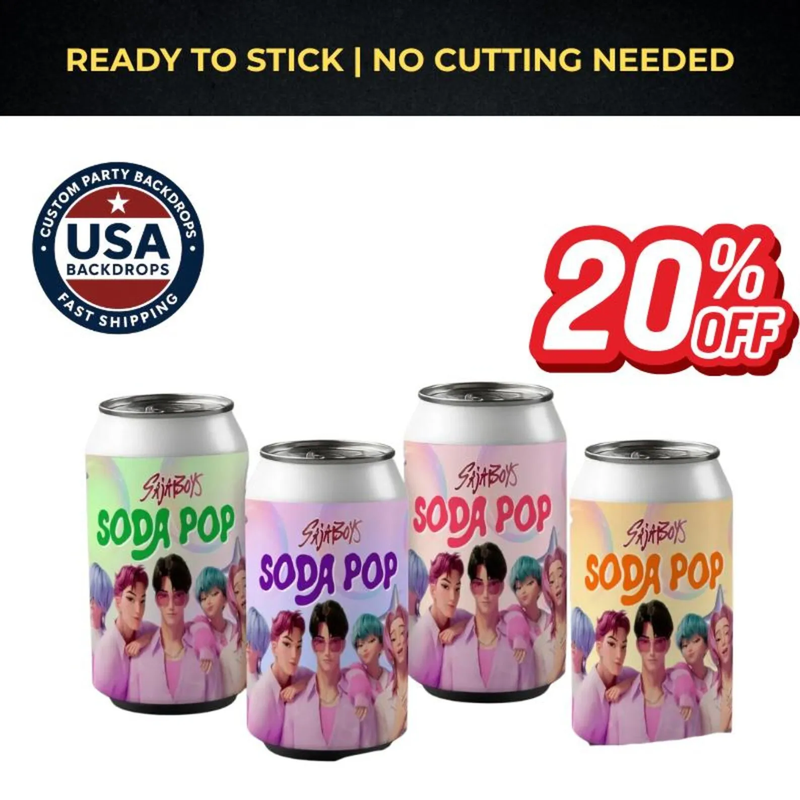 Pegatinas de latas de refrescos • Paquete de 4 • Listo para pegar • Vinilo impermeable • Etiquetas de recuerdo de fiesta • Envío rápido • Solo etiquetas (Sin latas