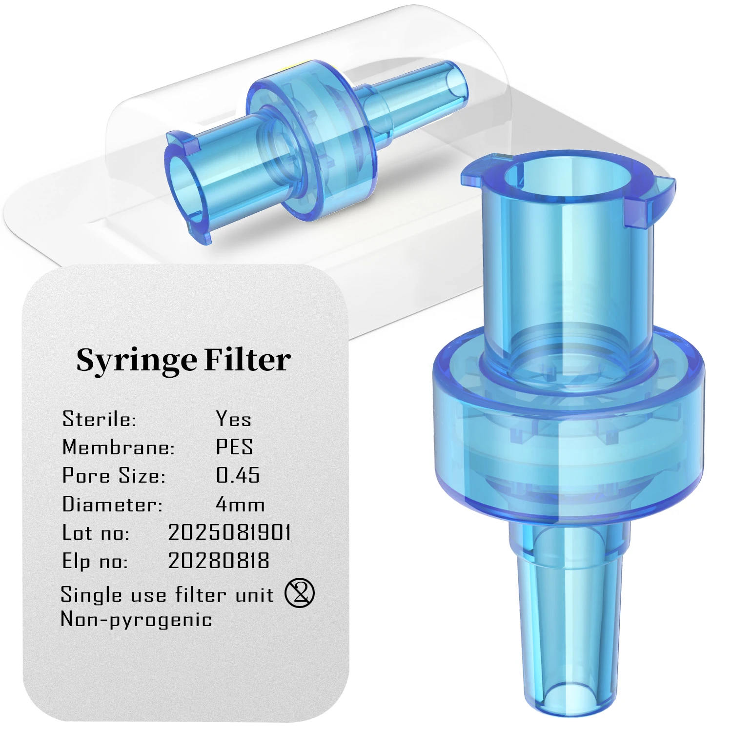 Steriler Spritzenfilter PES (Polyethersulfon), hydrophile Filtration, Luer-Kegel, 4 mm Durchmesser, 0,22/0,45 um, Einzelpackung