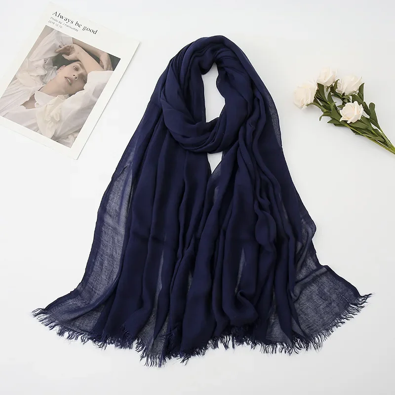 Grande taille plaine bleu marine frange Viscose châle écharpe dame enveloppement silencieux bandeau musulman Hijab Snood Echarpe Foulard Femme 190*90Cm