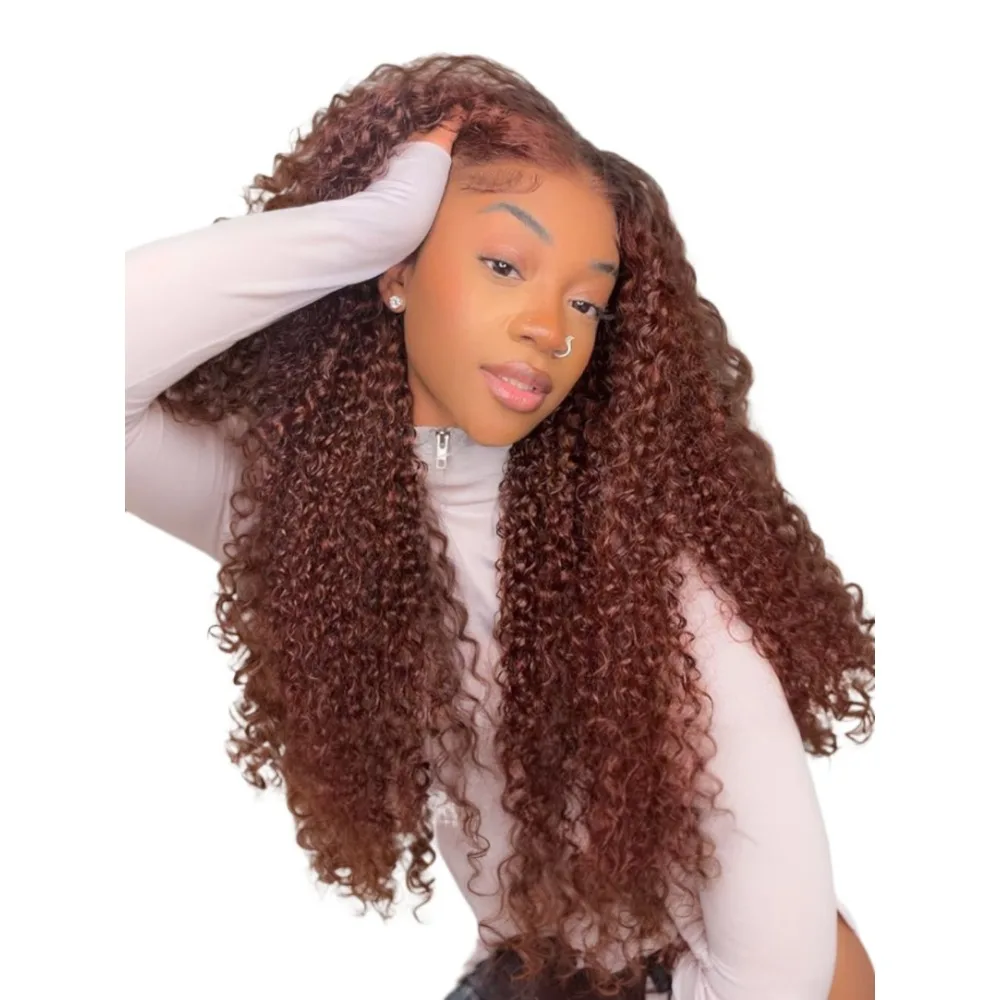 

Glueless Reddish Brown Deep Wave Frontal Wig 250 Density Copper Red Curly 100% Brazilian Human Hair Wig 13x4 HD Lace Frontal Wig