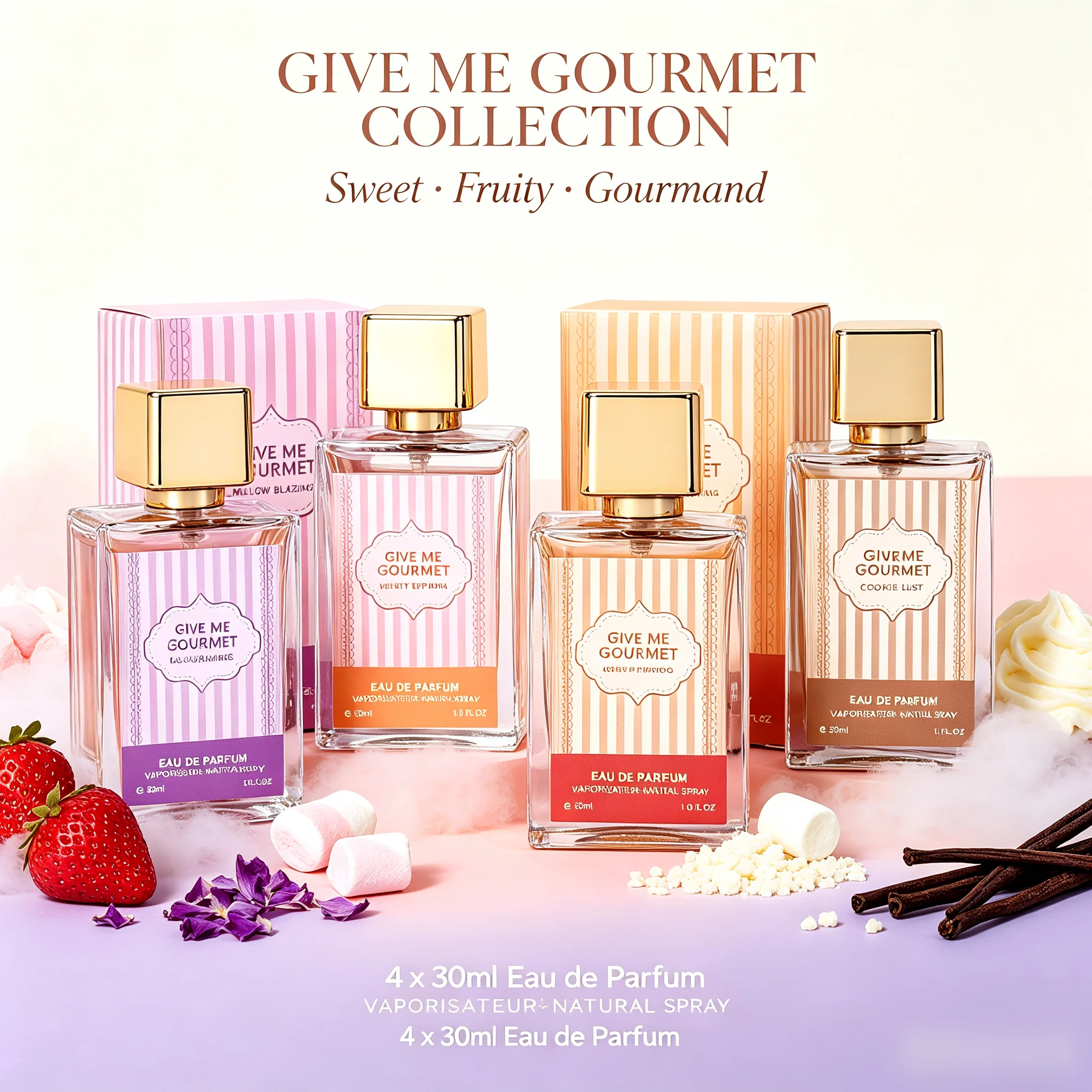 Sweet Gourmand Fruity Fragrance Collection Set 4×30ml, Long Lasting Scent, Premium Clear Glass Bottle Fragrance Kit for Women, Perfect for Daily Wear Dating and Gift
