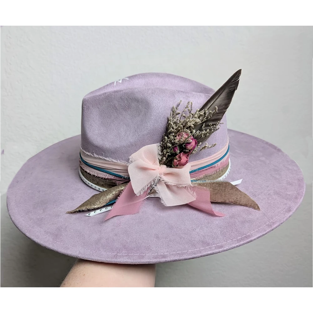 

Suede hat 9.5cm wide brim retro fedora hat dried flower feather accessories wedding hat autumn and winter fashion new style