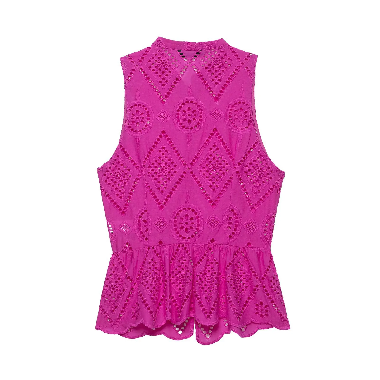 Womens Vintage Fuchsia Cotton Embroidered Sleeveless Top Elegant Stand Neck Ruffle Hem Blouse Summer Chic Resort Wear Shirts