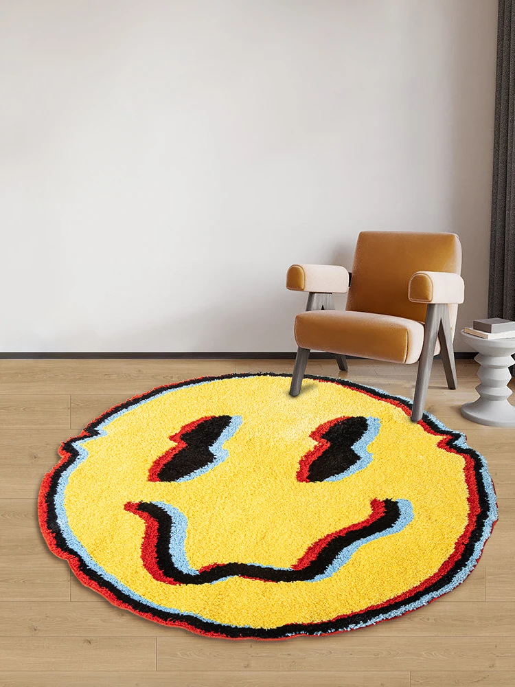 Trippy Colorful Smile Fluffy Tufted Rug Psychedelic Y2K Smiling Face Area Rug For Living Room Bedroom Home Decor Abstract Carpet