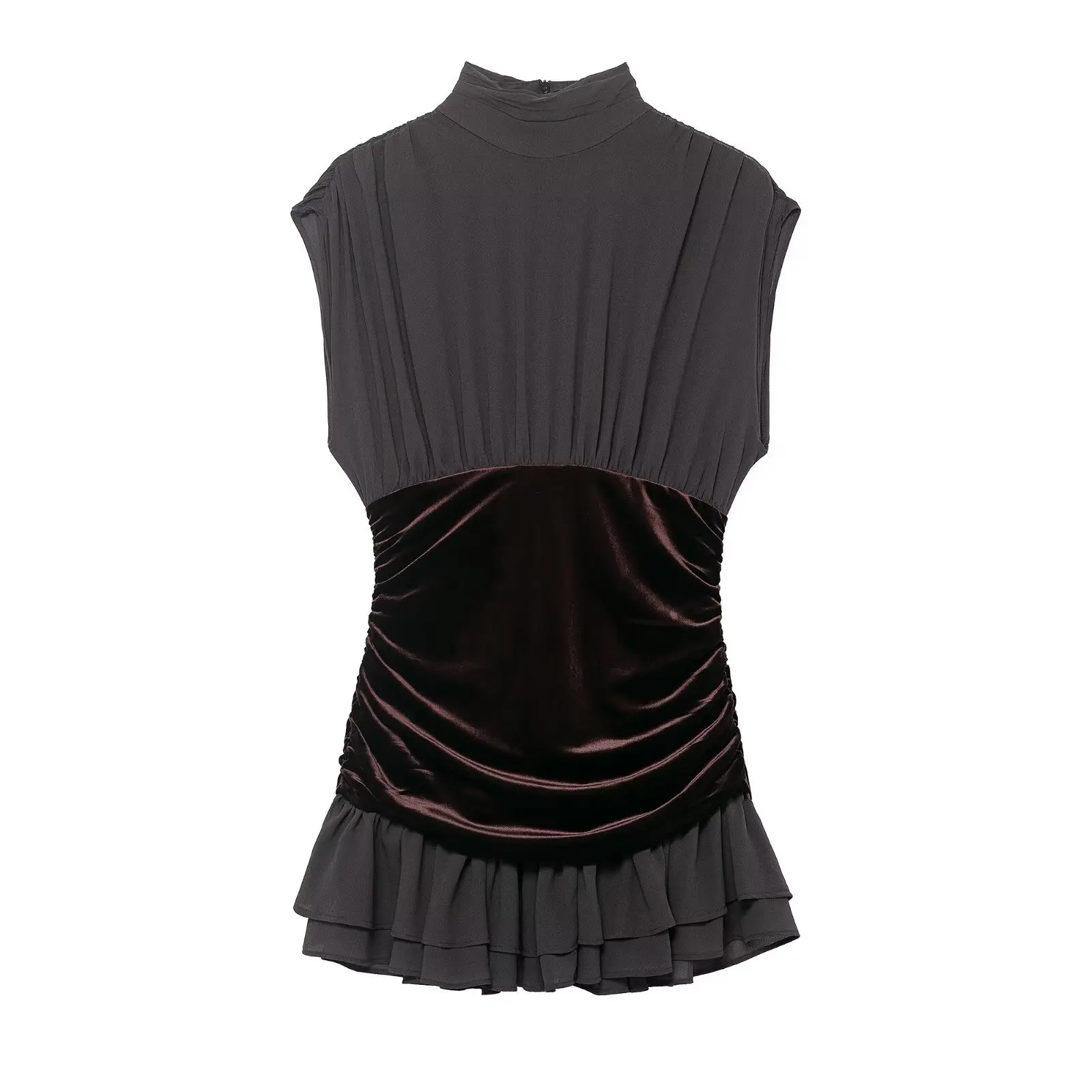 Moda feminina veludo emenda em camadas decoração vestido curto feminino sexy zíper fino plissado a linha sem mangas mini vestido