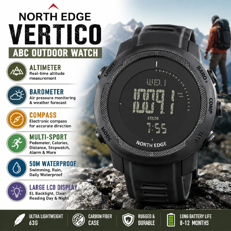 NORTH EDGE VERTICO – montre numérique pour hommes, boîtier en Fiber de carbone, pour sport, course à pied, natation, WR50M, altimètre, baromètre, boussole