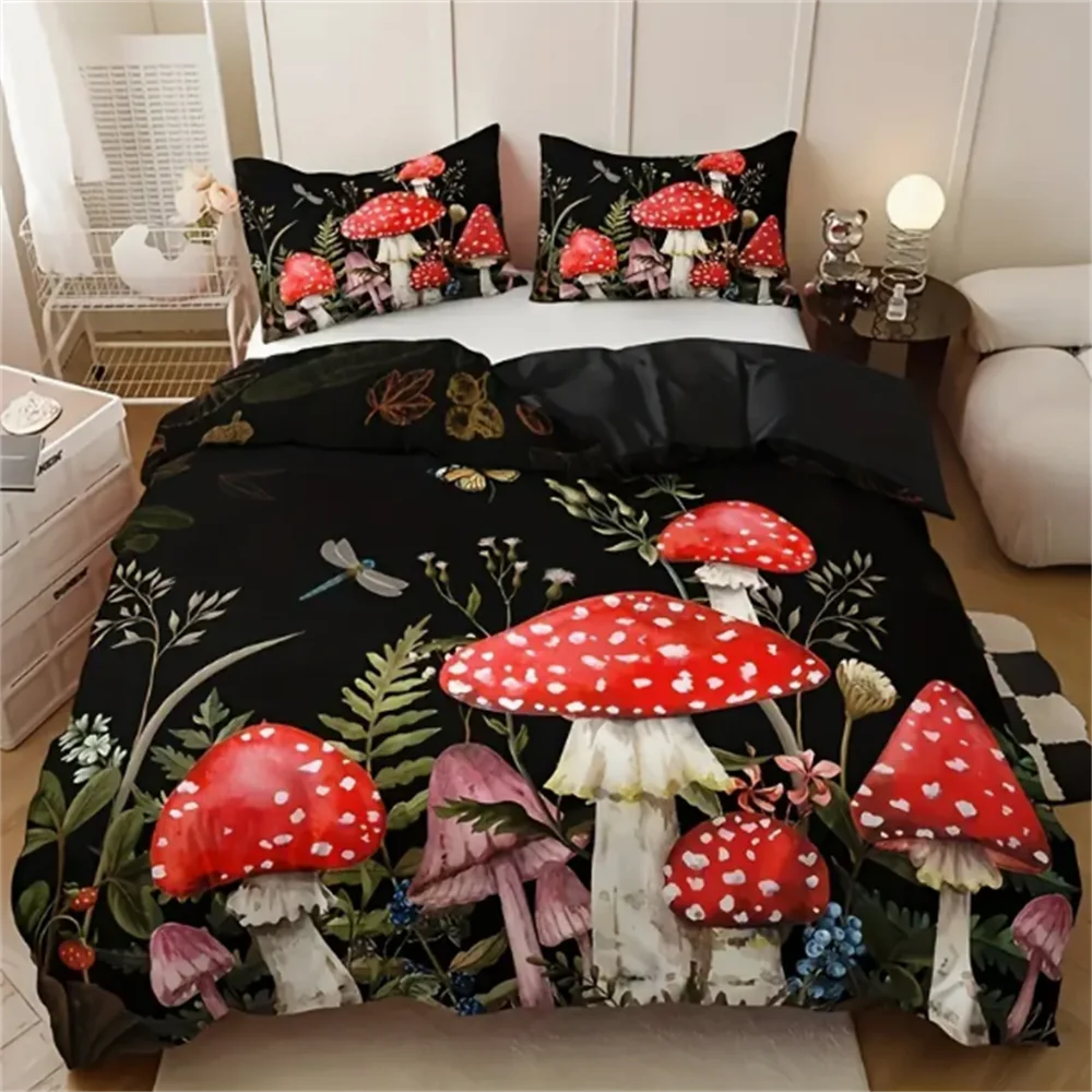 

3-Piece Queen Size Red Mushroom Print Duvet Cover Set - Soft, Breathable, and Comfortable Polyester Bedding with Abstract