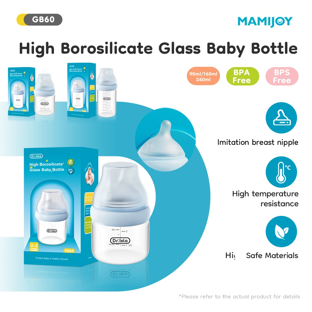 

MAMIJOY Baby Glass Bottle 90/160/240ML Inclined Breast-Shaped Anti-Colic＆Bloating Temperature-Resistant For Newborn 0-6M+ GB60