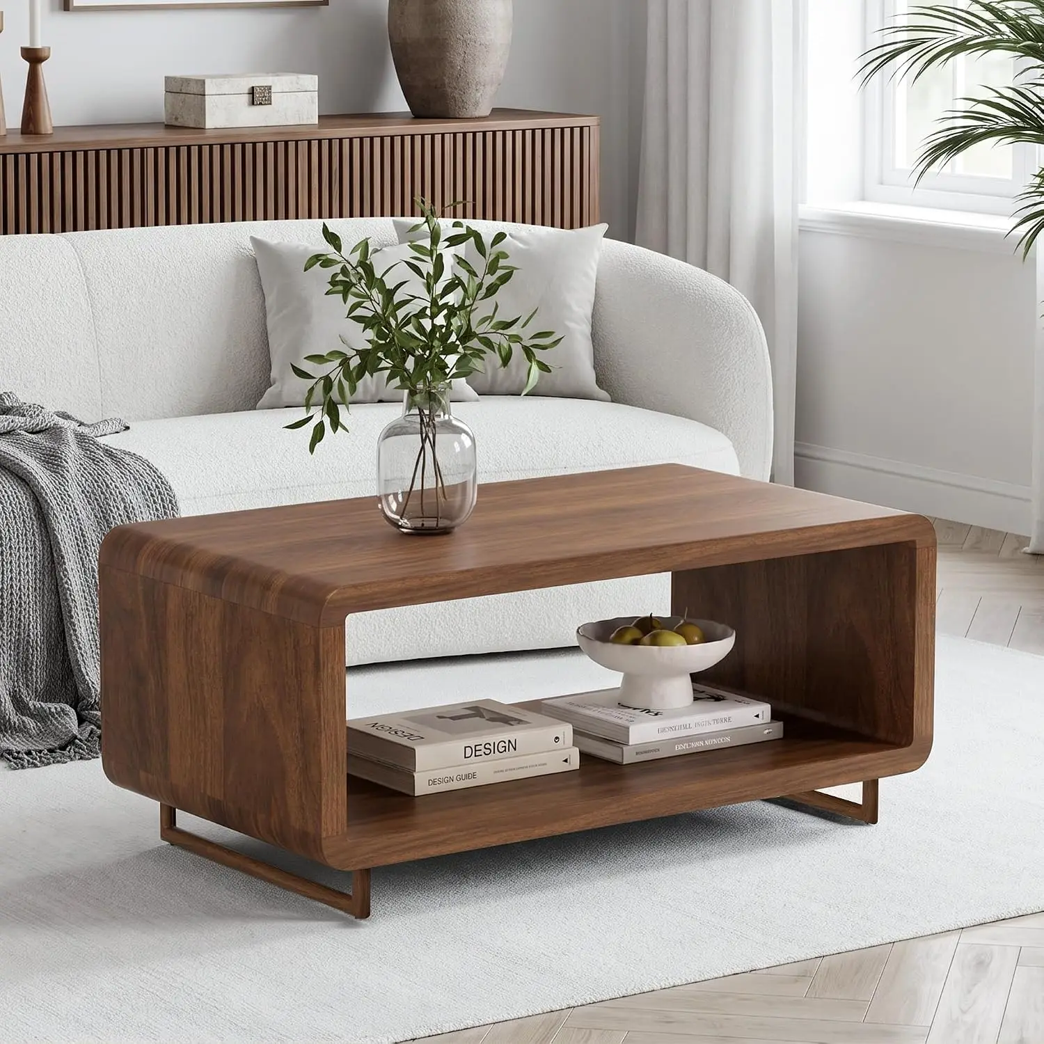 43 Inch Walnut Curved Wood Coffee Table, 2‑Tier Open Storage Shelf Modern Rectangular Center Table for Living Room Home Office Apartment, Space‑Saving, Easy to Assemble & Clean