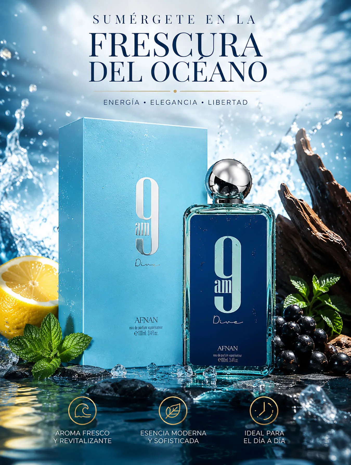 Afnan 9am Dive Eau de Parfum 100ml Fragancia Unisex Acuática y Fresca Aroma Limpio Estilo Moderno Alta Calidad Versátil para Uso Diario Cítrica Amaderada Perfume Original de Larga Duración Regalo Ideal Caballero y Dama
