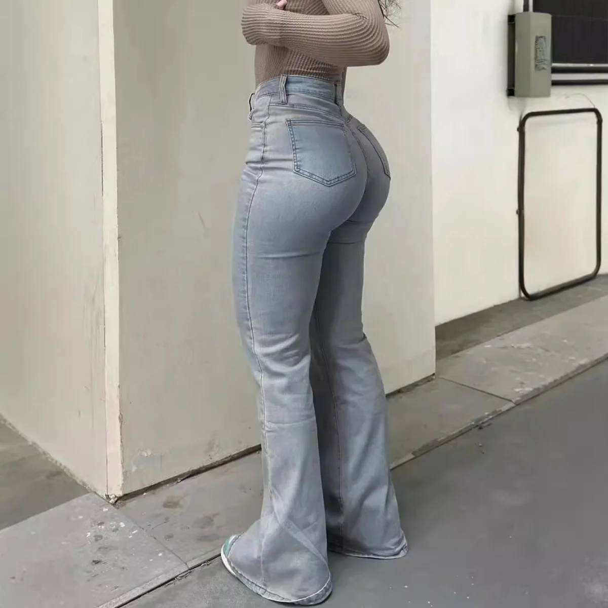 Calças Jeans Flare Femininas Elegantes de Cintura Alta com Zíper e Bolsos Laterais, Calças Leggings Casuais de Primavera para o Dia a Dia, Calças Longas Femininas