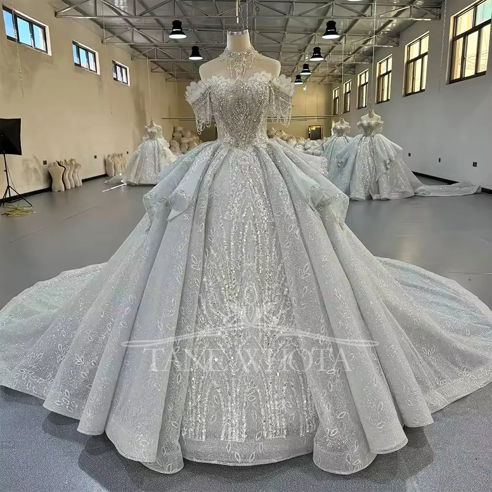 

Luxury Wedding Dress Off Shoulder Sweetheart Beading Crystal Ball Gown Lace Long Bridal Dress Vestido De Novia