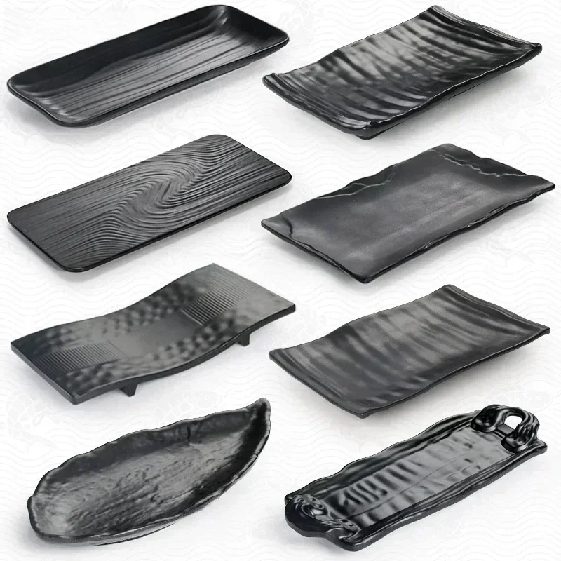 Vaisselle en mélamine Non incassable, assiette de Barbecue à Sushi noire, assiettes à dîner en forme de bande en plastique japonais, accessoires de cuisine