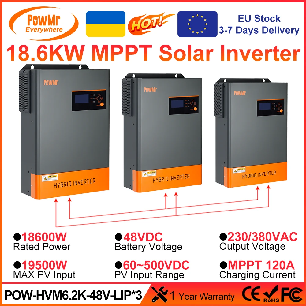 PowMr 18.6KW Three Phase Hybrid Solar Inverter 48V to 220VAC/380VAC With 120A MPPT Solar Charge Controller Can Parallel 12 Units