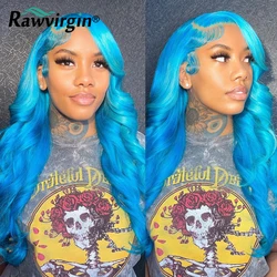 Lace Front Cabelo Humano Perucas para Mulheres, Onda Do Corpo, Cabelo Virgem, Laço Transparente HD, Colorido, Azul Claro, 13x4, Frete Grátis, 180%