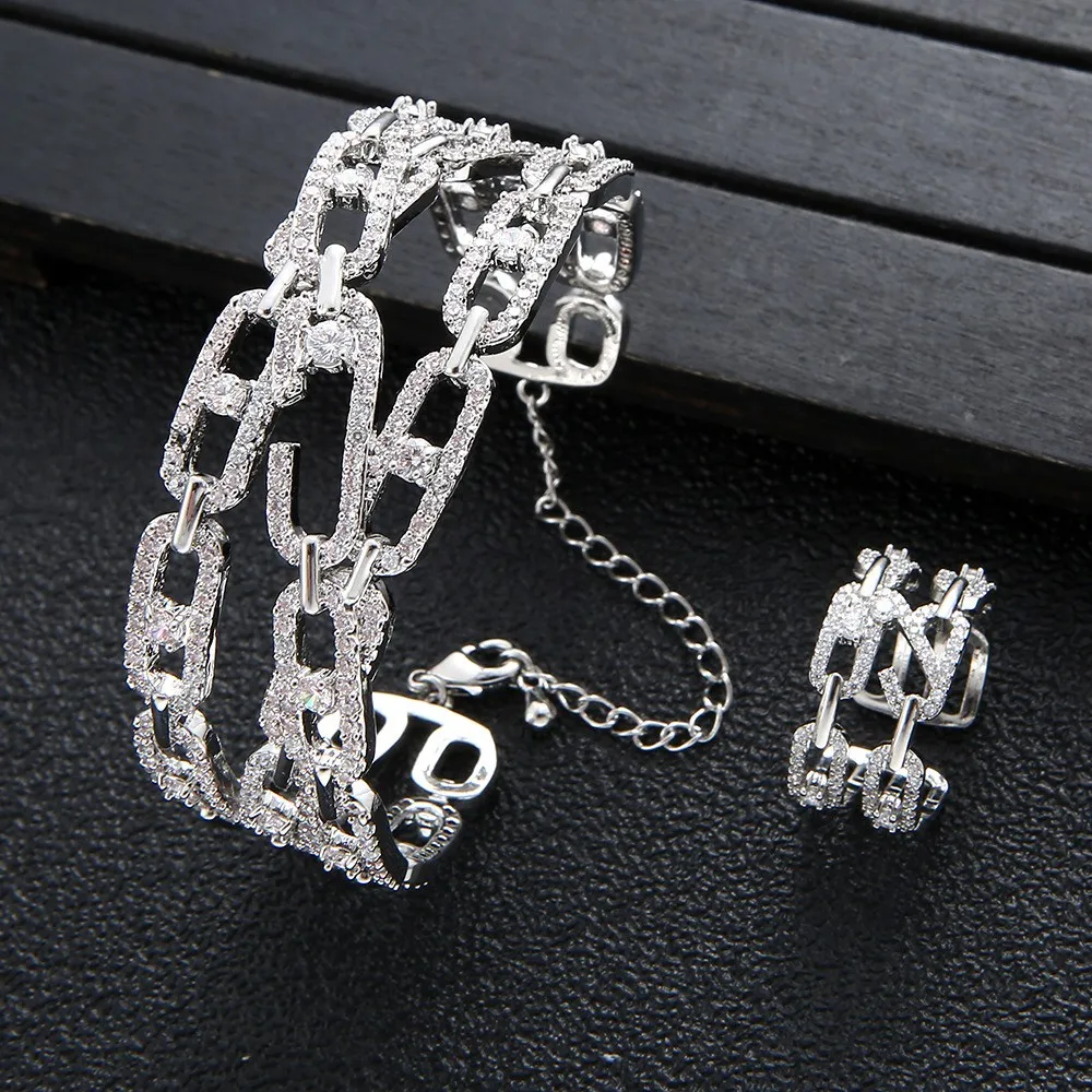

Luxury Silver-Plated Link Chain Bracelet and Ring Set – Sparkling Cubic Zirconia Chain Jewelry for Women
