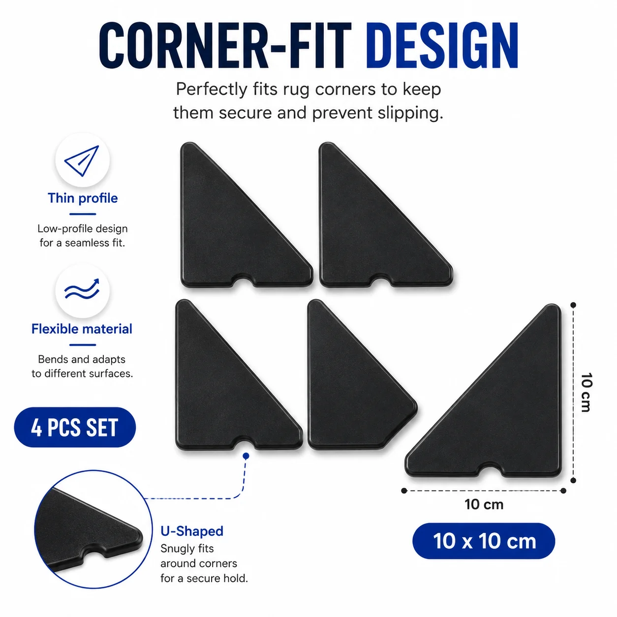 4PCS Black Rug Grippers for Corners, Washable Reusable Carpet Anti Slip Stickers, U Shape Rug Tape Pads for Hardwood Floor Tile