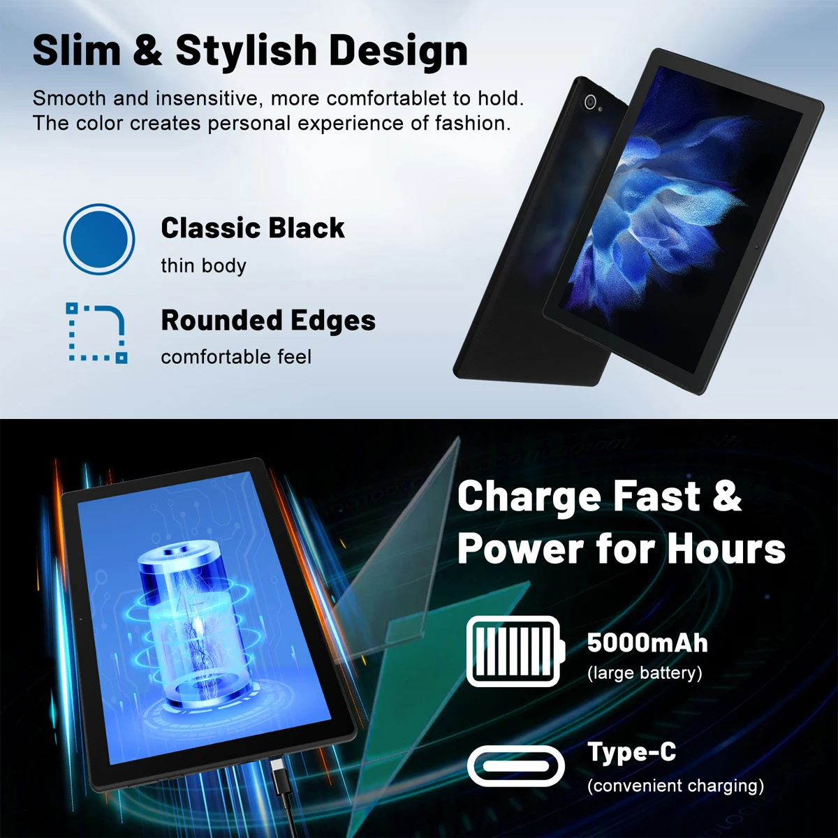 Android 14 8GB RAM + 64GB ROM (توسيع إلى 1 تيرابايت) تابلت ثماني النواة 10 بوصة مع بلوتوث 5.3 WiFi 6 Widevine L1 كاميرا مزدوجة 5MP + 8MP