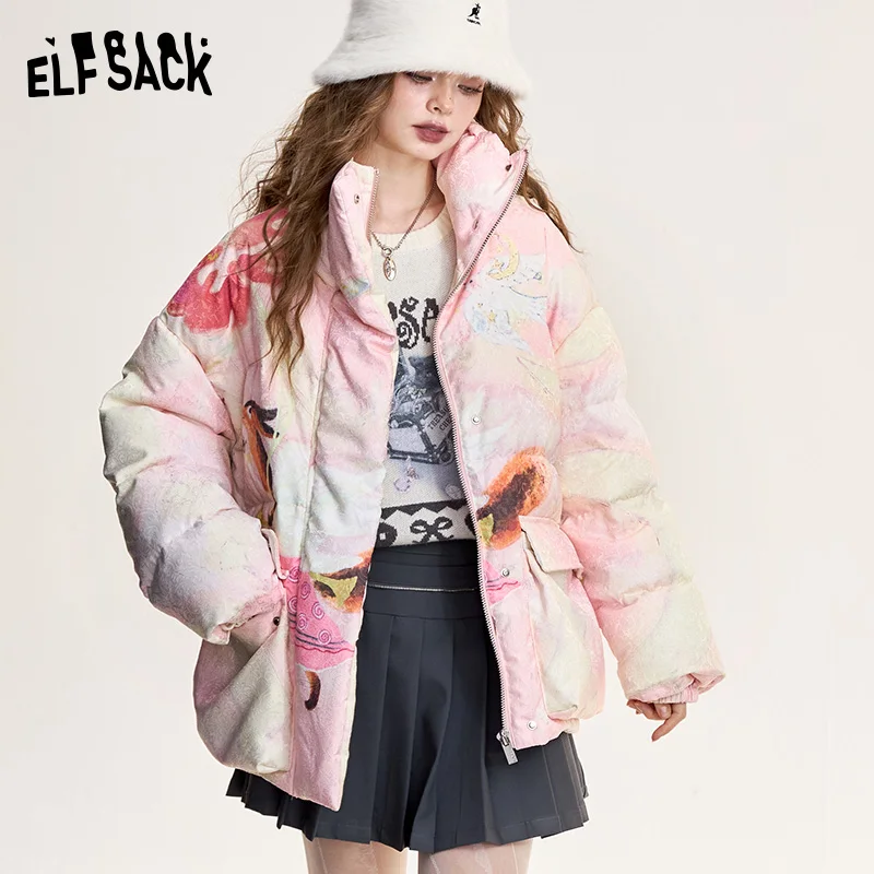 ELFSACK 2024 Winter New Arrivals Fox print short loose stand collar down jacket for women