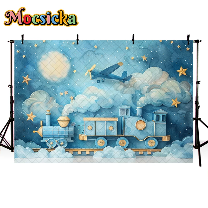 Mocsicka Photography Background Blue Fantasy Train Starry Sky Decor Cake Smash Birthday Kids Portrait Backdrop Photo Studio