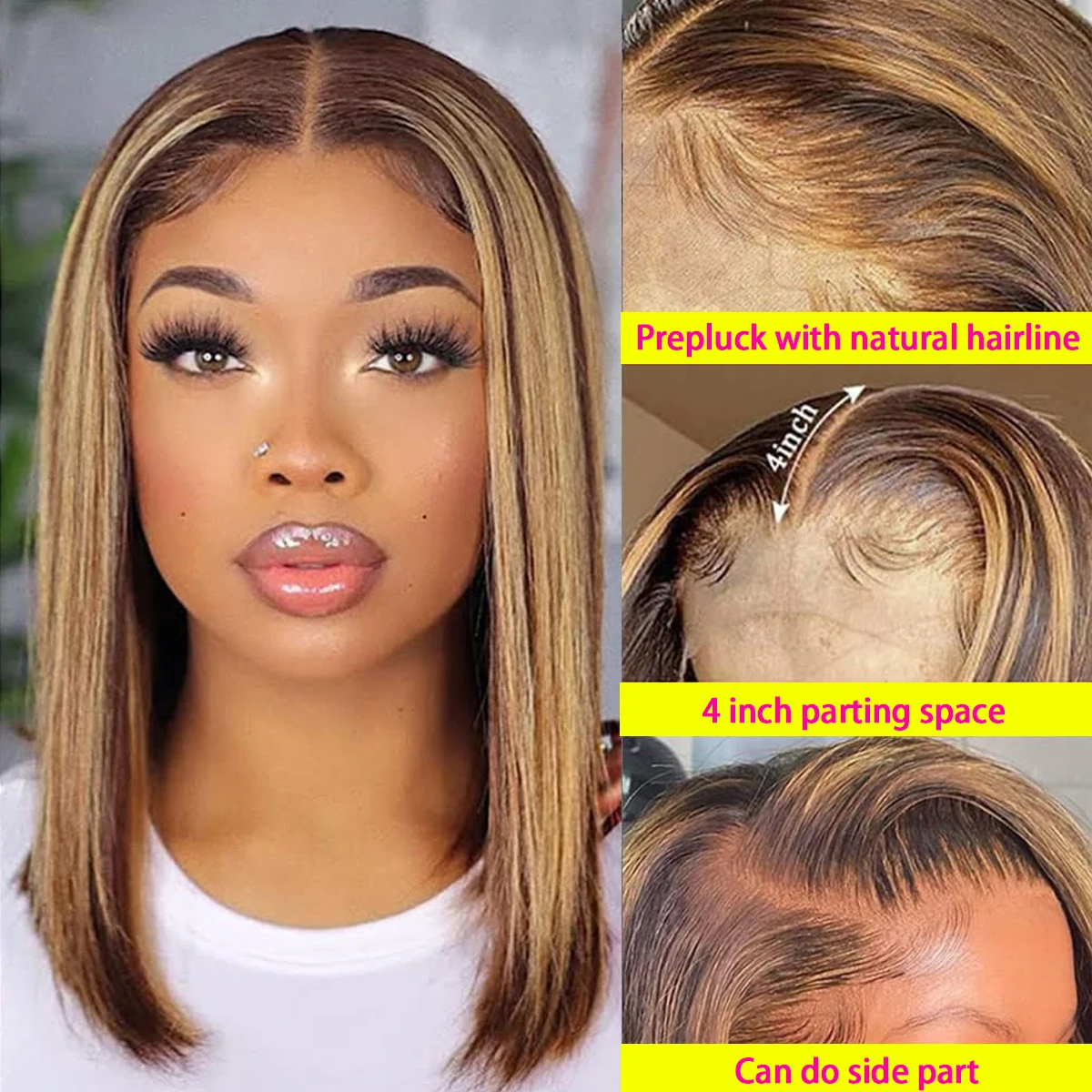 Highlight Bob Wig Human Hair Wigs Brazilian Straight Lace Front Wig For Women Colored Honey Blonde P4/27 Bob Lace Frontal Wig