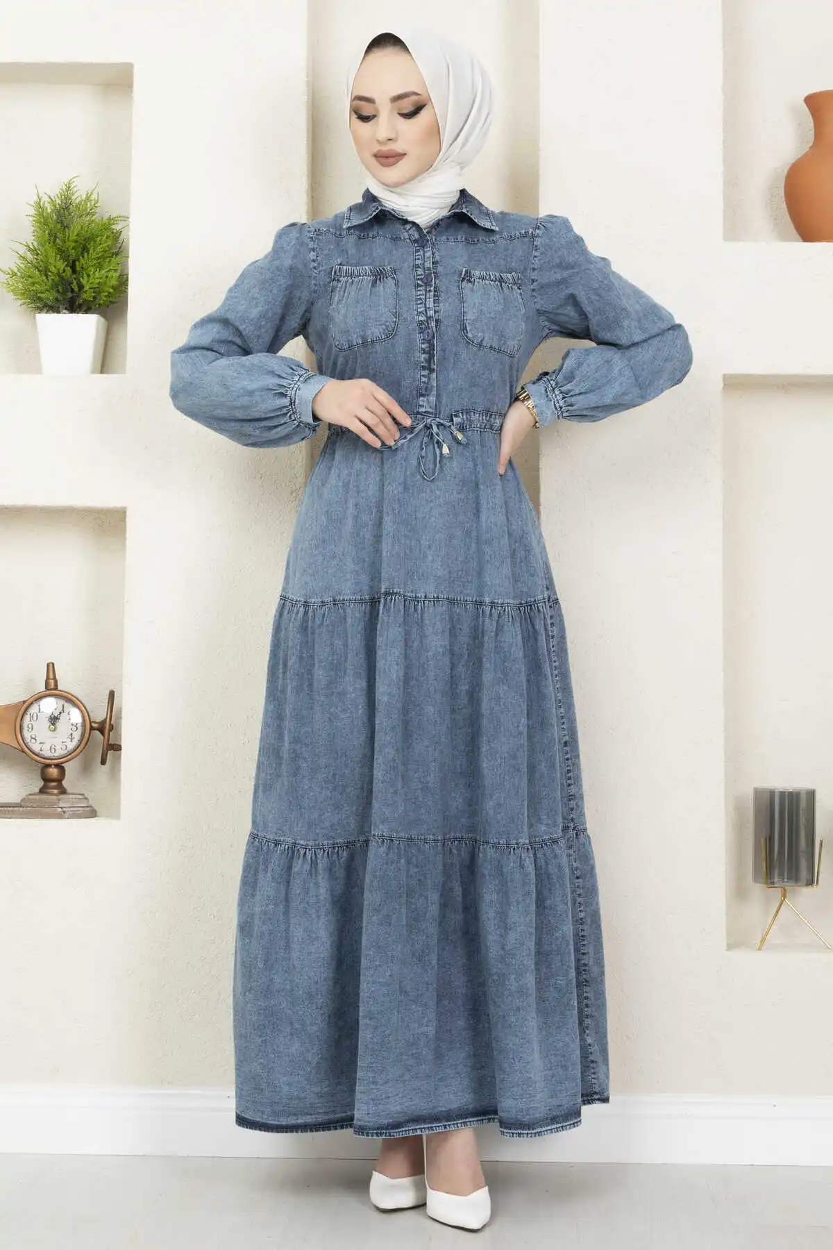 Women Pocket Detailed Denim Hijab Dress All Muslim Hijab Dubai Abaya Turkey Kaftan Islamic Clothing Casual Femme Vestido Caftan