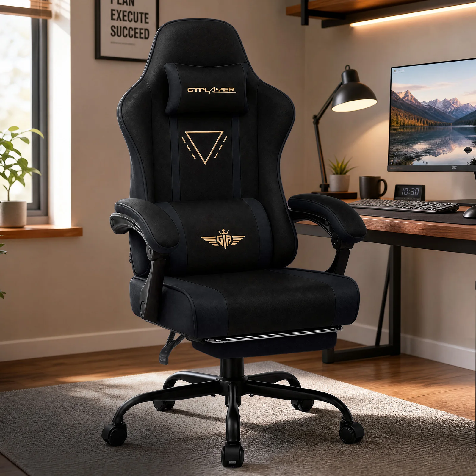 GTPLAYER Sedia da Gaming Ergonomica con Superficie in Tessuto, Cuscino a Molla, Braccioli e Poggiapiedi Regolabili, Capacità 150KG