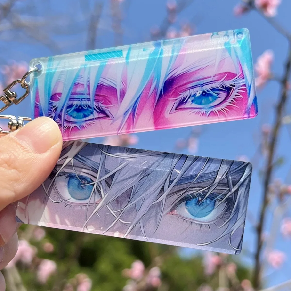 Porte-clés yeux brillants, figurine de dessin animé Satoru Gojo, pendentif de carte transparente, Anime Jujutsu Kaisen, sac à dos en acrylique, cadeau, 2 pièces/ensemble