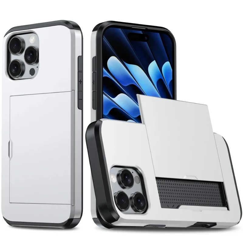 Push Pull Wallet Kaartsleuf Effen Kleur Schokbestendig Telefoonhoesje Voor iPhone 16 Pro Max 14 11 12 13 15 Pro Max Mini Bumper Achterkant - afbeelding 2