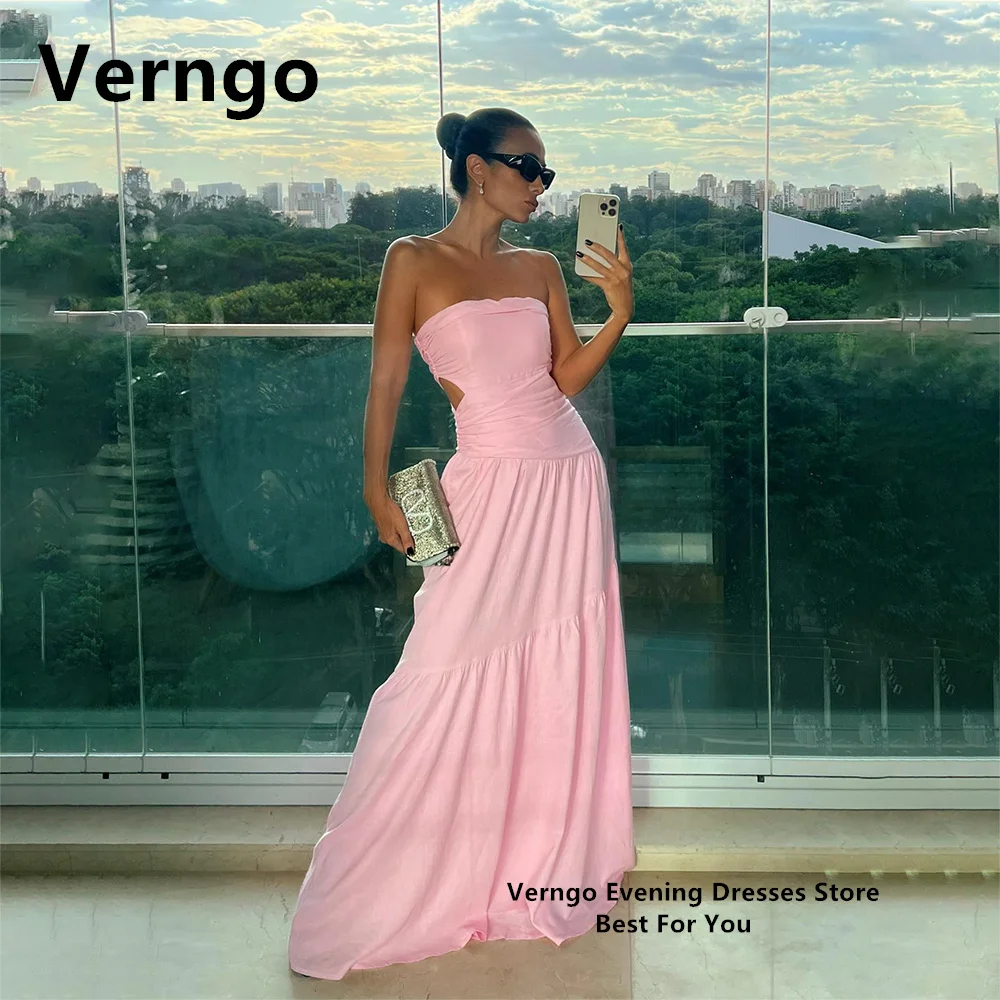 

Verngo Pink Strapless Sleeveless Prom Gown Women Simple Party Dress Franch A Line Dress For Formal Occasion