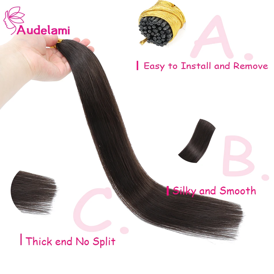 AUDELAMI Straight I Tip Human Hair Extensions Pre Bonded Keratin Capsules Natural Remy Hair Human Hair 12-26inches