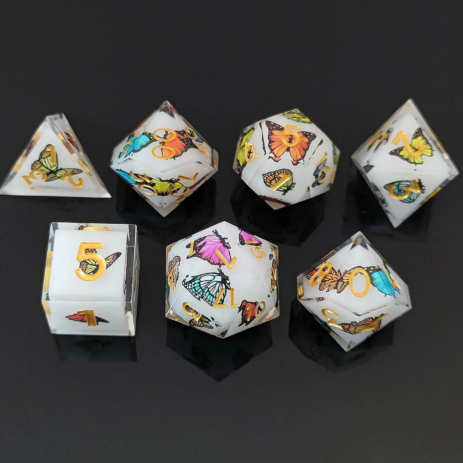 مجموعة نرد الراتنج آر بي جي مكعبات الفراشة للعب الأدوار والتنينات ولعبة الطاولة نرد حاد متعدد السطوح d و d