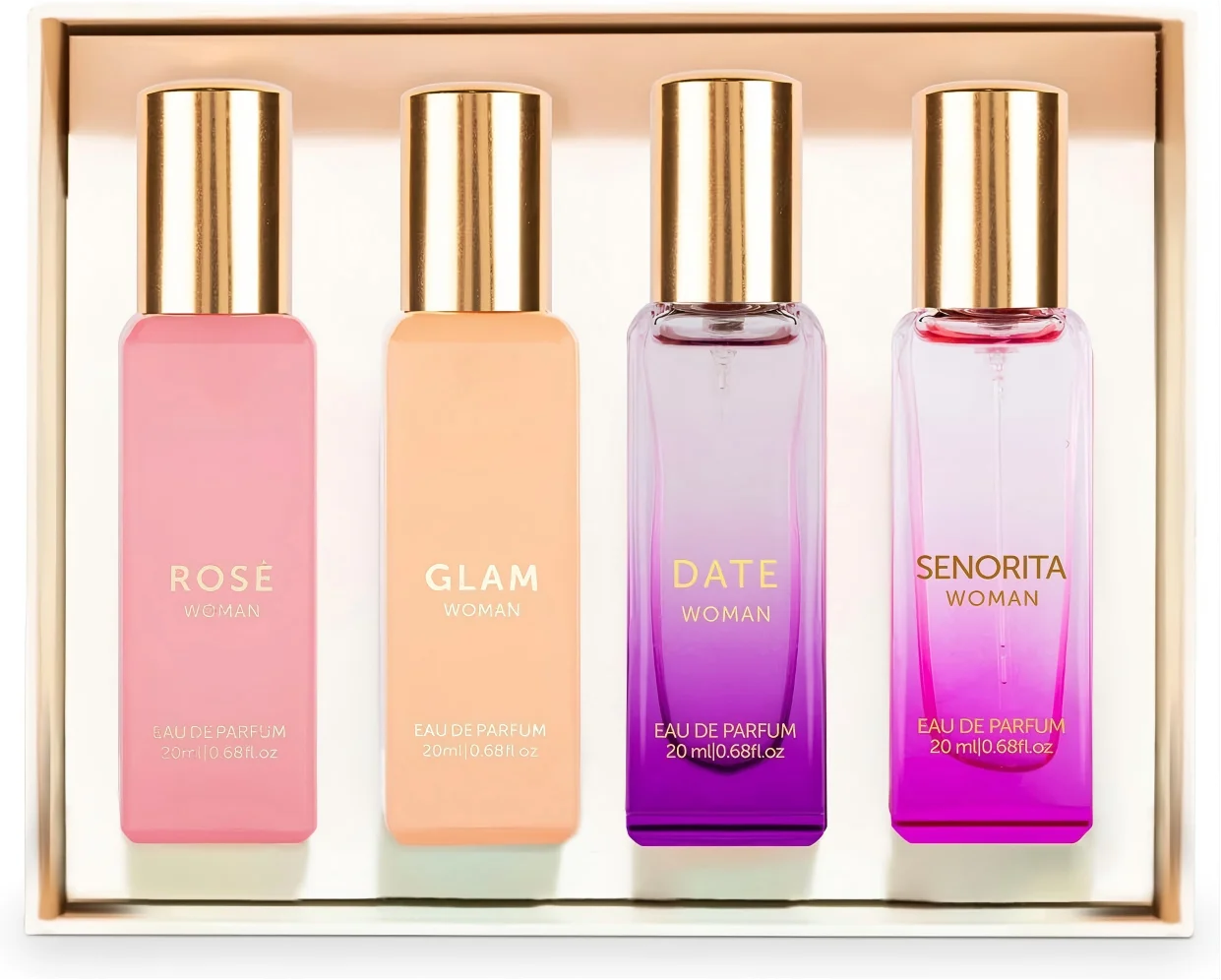 

Bella Luxury Women's Perfume Gift Set with Rose, Senorita, Date, and Glam | 80ml | Perfume for Women | Pink Pepper, Yuzu, Floral Peach, and African Orange Notes | Long Lasting Women's Fragrance