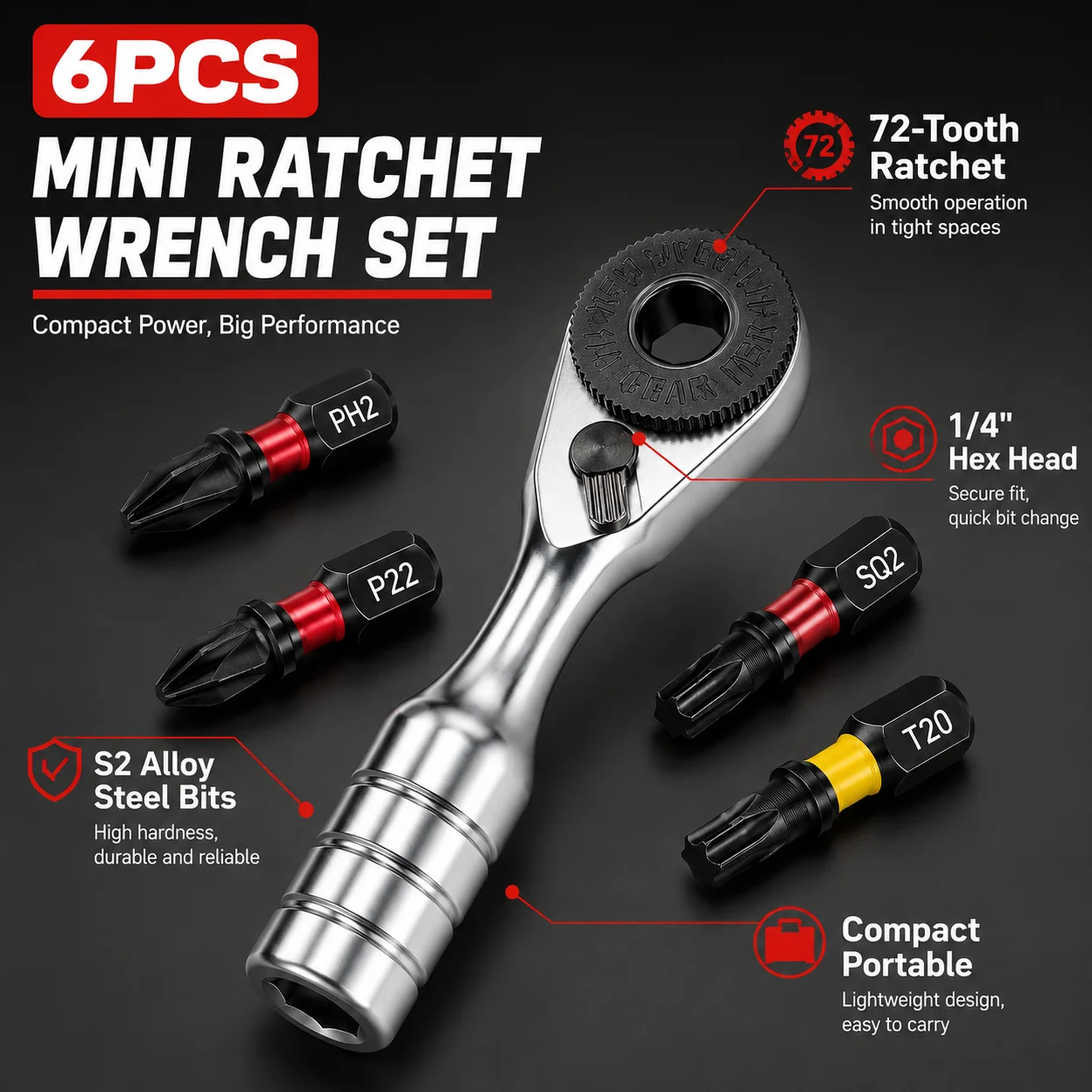 Rafford 6PCS Mini Ratchet Wrench Set, Screwdriver bit ULTRA TORQUE Bits with 1" PH2, PH2, PZ2, T20, T25, SQ2, Phillips Torx image 3