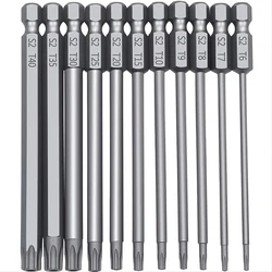 11Pcs Long Torx Security Head Screwdriver Drill Set, 1/4 Inch Hex Shank S2 Steel Torx Screwdriver Bit Set, T6 T7 T8 T9 T10 T15 T