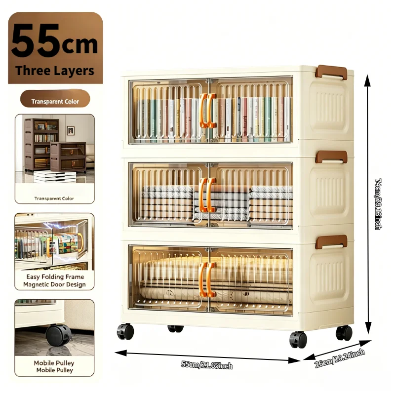 5-tier foldable stackable plastic storage cabinet, no assembly needed, with magnetic vertical transparent double doors and brown handles, foldable rolling storage box, 58cm wide, with universal wheels, perfect for organizing clothes in the bedroom, kitche view 6