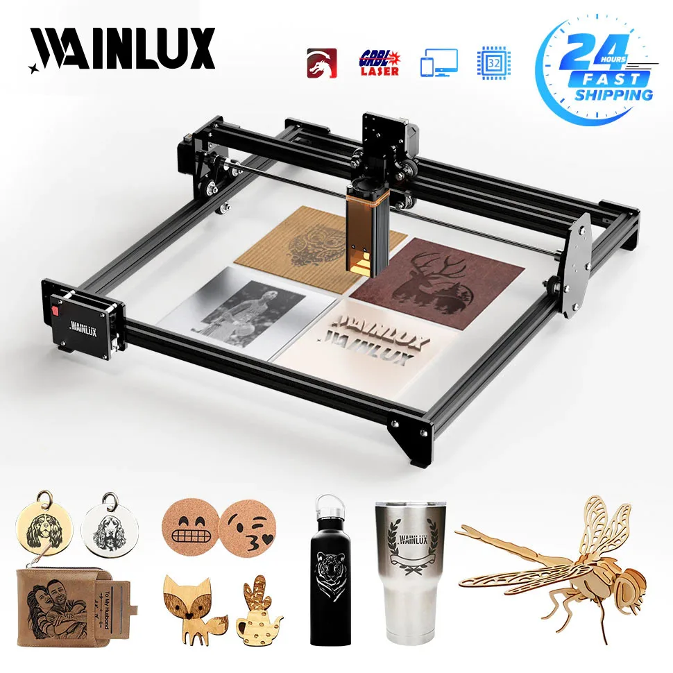 WAINLUX Laser Engraver Laser Engraving Cutting Machine With 64-Bit Motherboard 7w 30w Wood Printer CNC Carving Area 410 X 370mm