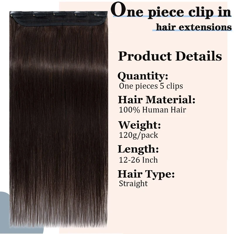 Clip In Hair Extensions Real Human Hair Color #2 Straight Hairstyle Hairpiece With 5 Clips Extensions For Women 120g