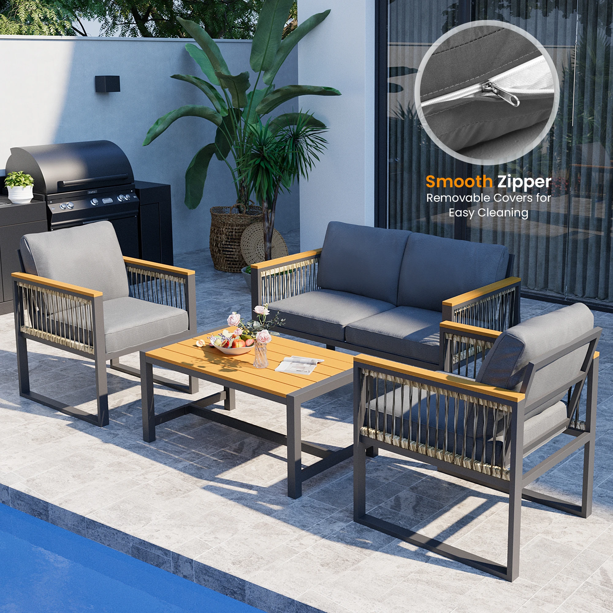 4 Pieces Outdoor Patio Furniture Set with Wicker Handrails, Plastic-Wood Balcony Furniture with Wicker Arm Panel, All-Weather Me