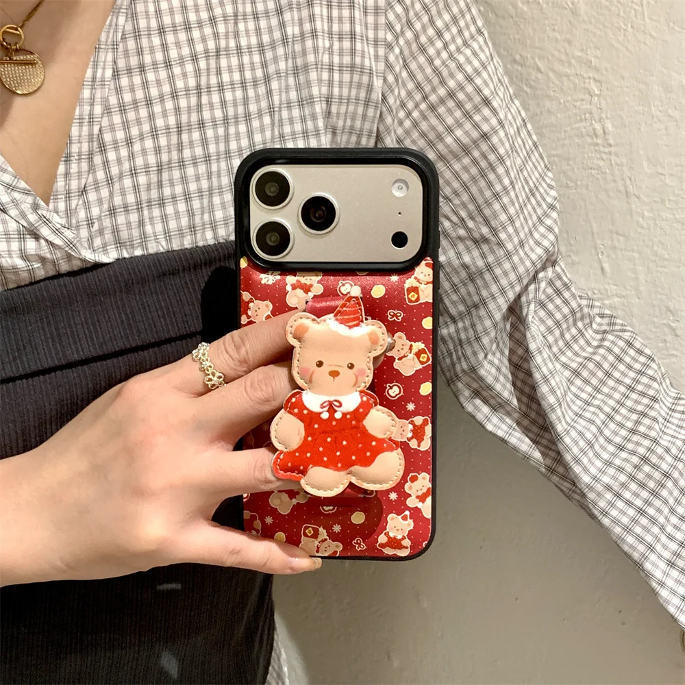 

INS Leather Polka Dot Bear Cute Phone Case for iPhone 17 Pro 13 14 15 Pro Max 16 Max Cover with Stand Cartoon Shockproof Fundas