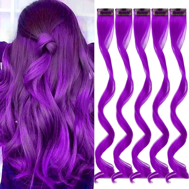 5pcs Colored Hair Extensions Curly Wavy Clip in Synthetic Hairpiece Streak for Girls Women,Rainbow-colors